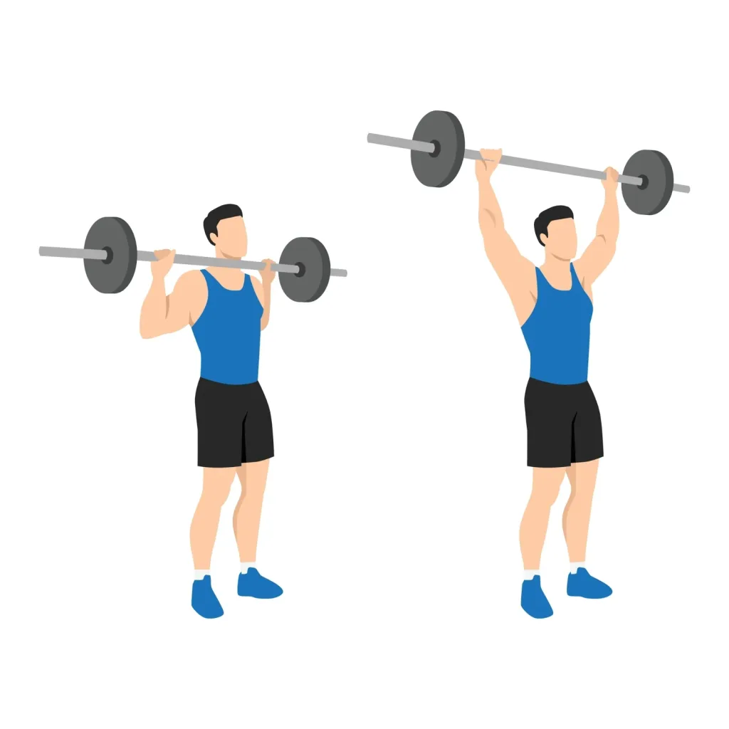 Illustration of a standing barbell overhead press, bar at the shoulders then locked out overhead