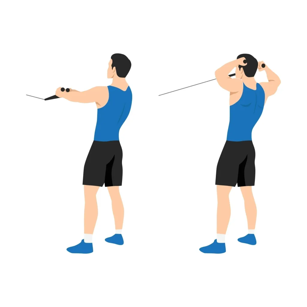 Illustration of a standing cable face pull to the forehead with a rope