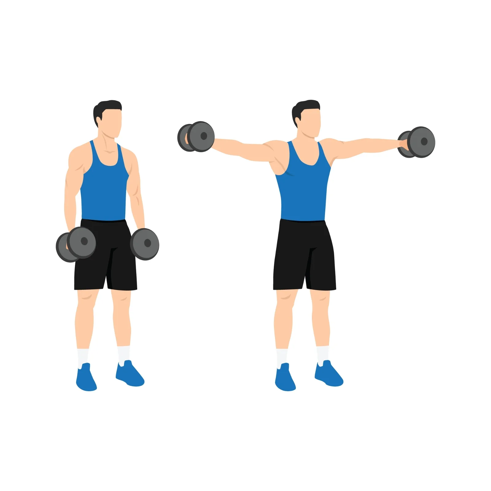 Illustration of a standing dumbbell lateral raise, arms lifted out to shoulder height