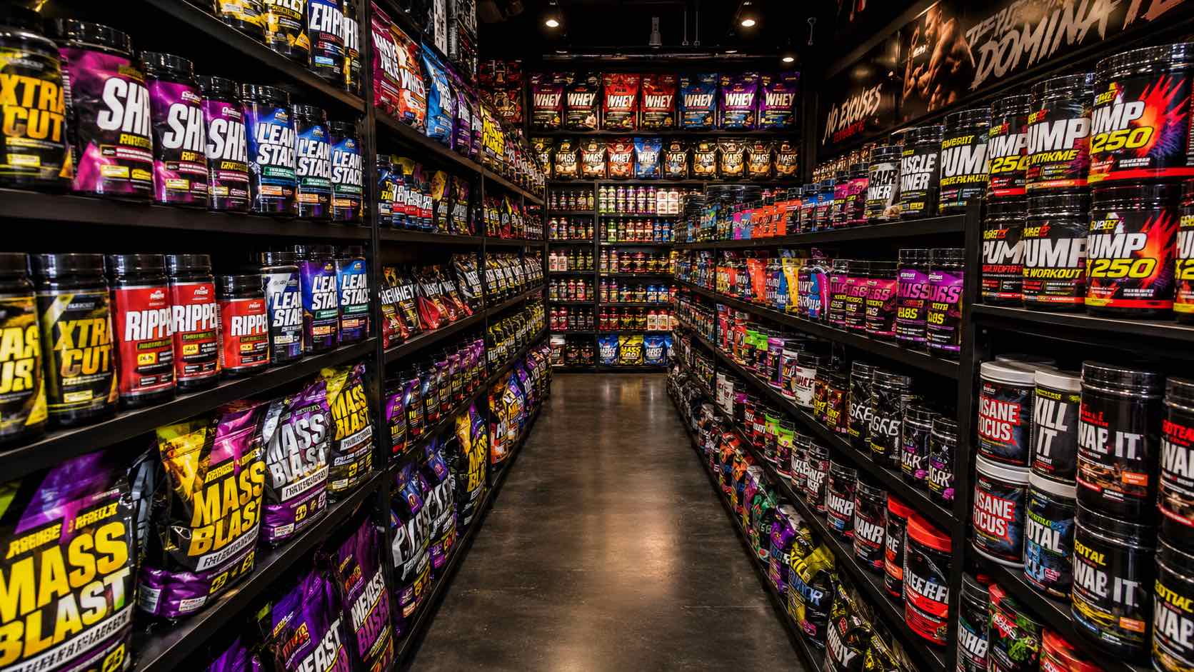 Shelves full of sports supplements in a store