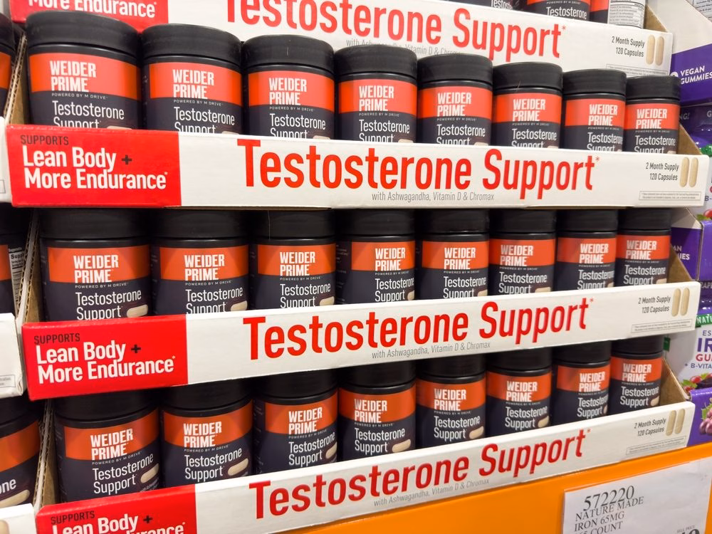 Over-the-counter testosterone support supplements on a retail shelf