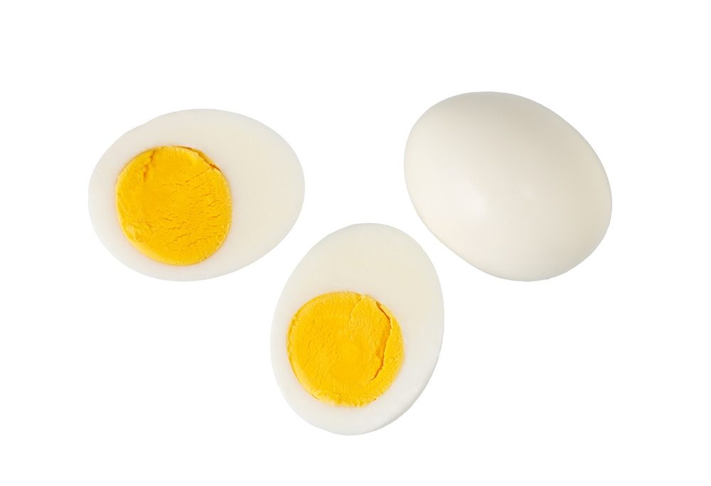 Two halved boiled eggs, a high-protein snack