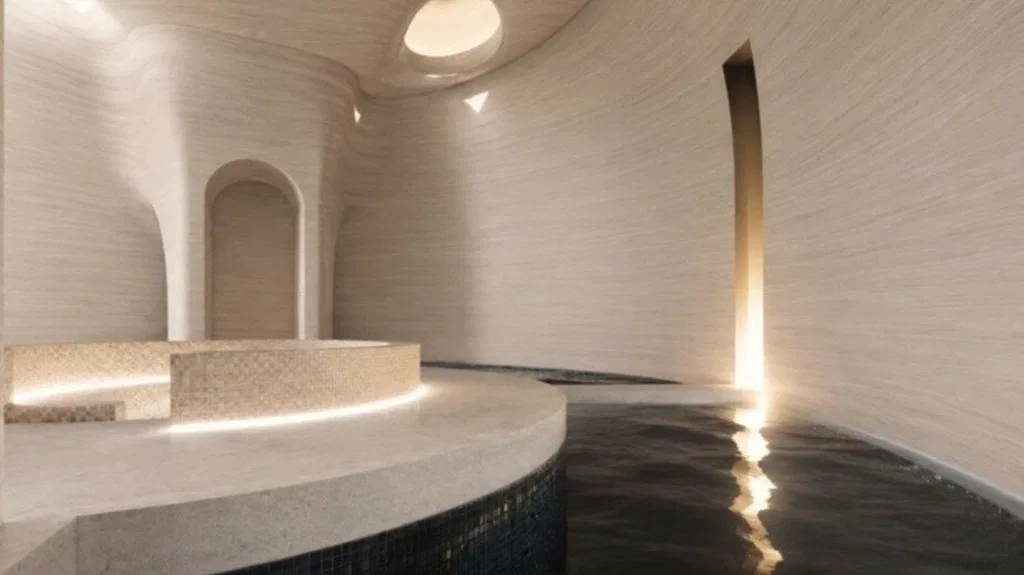 Artist's impression of the bathhouse-style plunge pool and recovery area planned for Level X