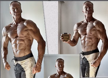 A collage of Phil Earley in contest-ready condition, including holding a competition trophy