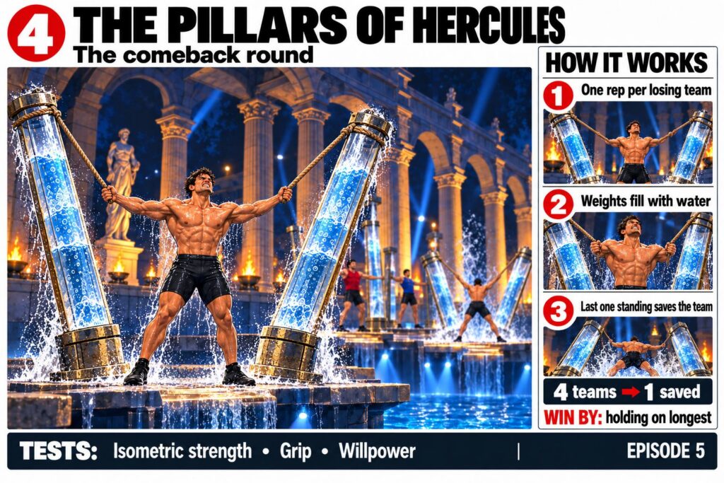 Illustration of the Physical 100: Italy Pillars of Hercules: an athlete stands between two tall pillars filling with water, arms spread, holding them upright by ropes as they get heavier