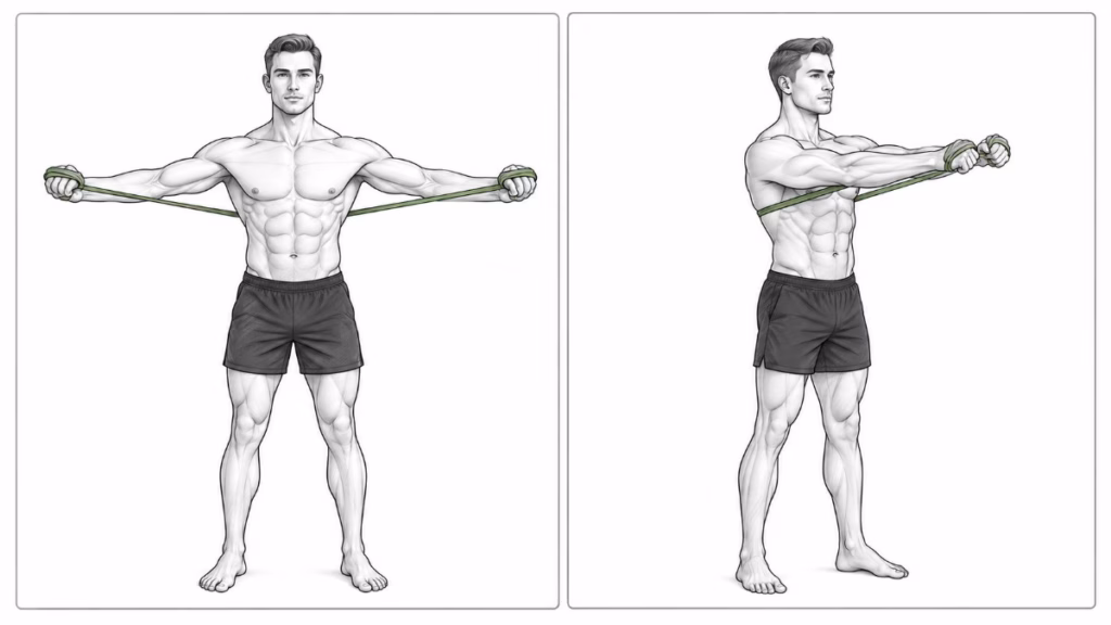 A man demonstrating a resistance band chest press, pushing the band forward from chest height until arms are extended