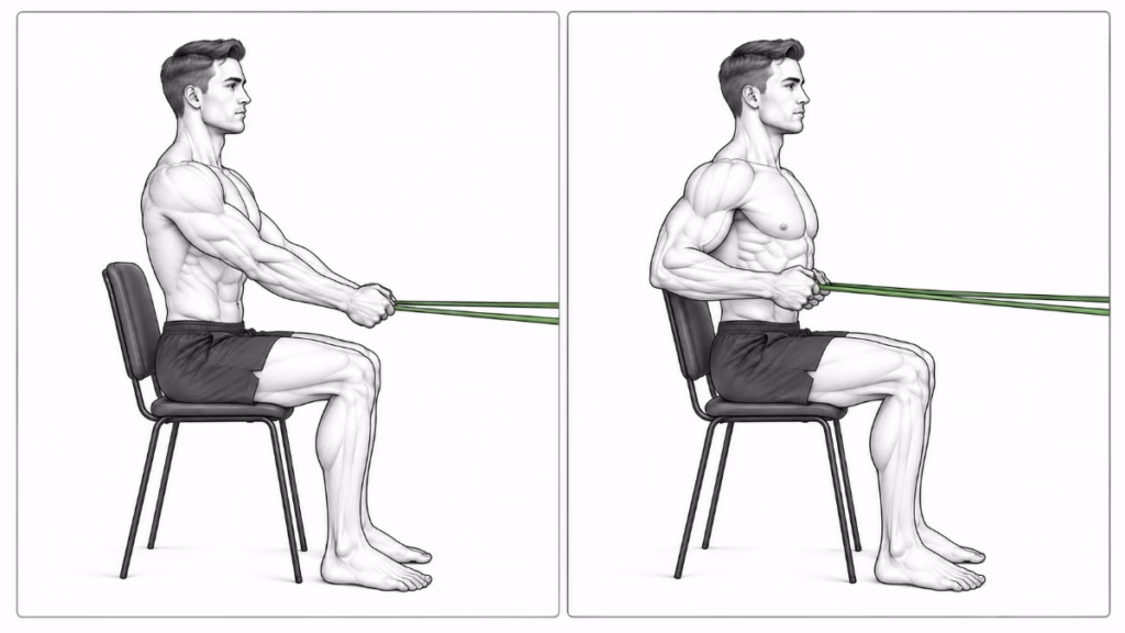 A man performing a seated resistance band row, pulling the band from extended arms back toward the body with elbows