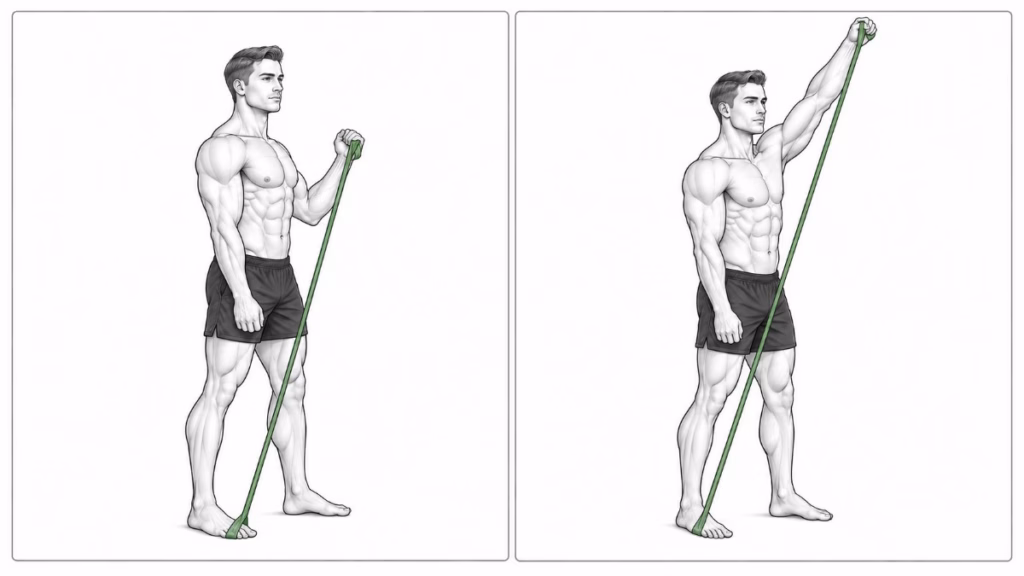A man performing a standing resistance band shoulder press, band under one foot, pressing overhead