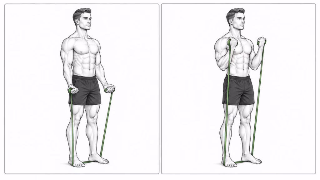 A man performing a resistance band bicep curl, band under both feet, curling hands up toward the shoulders