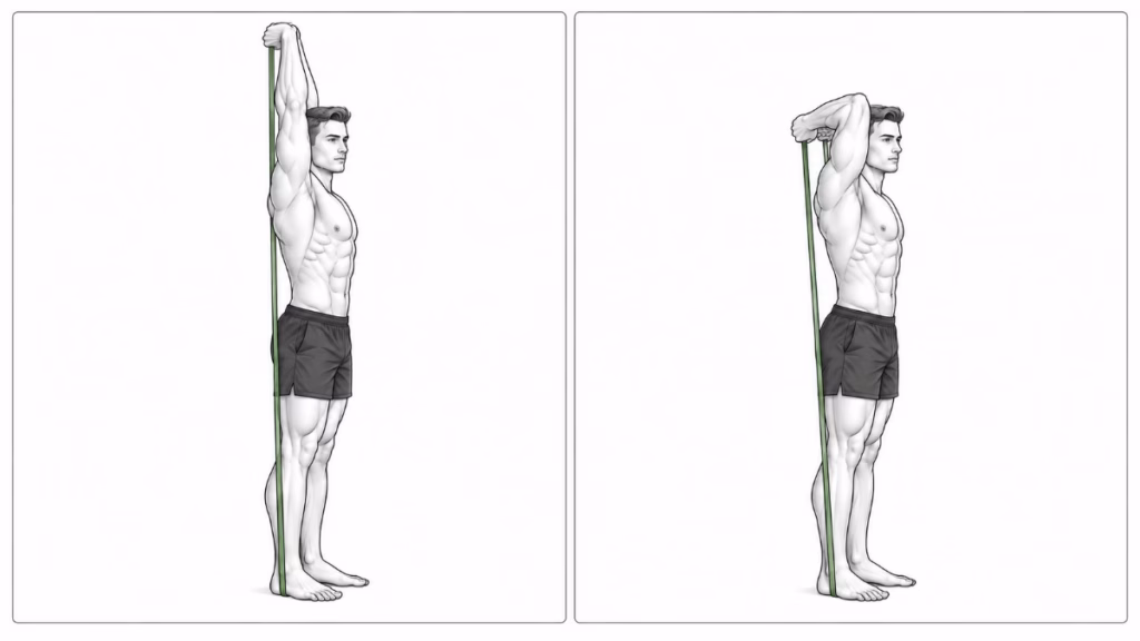 A man performing a resistance band tricep extension overhead, bending the elbow to lower the hand behind the head