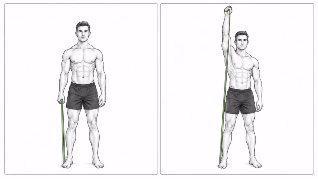 A man performing a resistance band lateral raise, band under one foot, raising the arm straight out to the side
