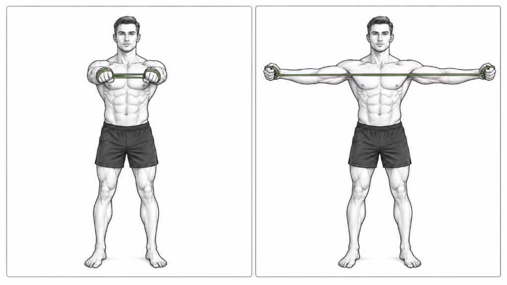 A man performing a resistance band pull-apart, pulling the band from chest height out to a T shape to squeeze the shoulder blades