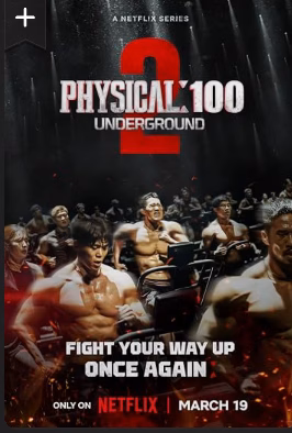 Physical: 100 season 2 Underground poster showing shirtless contestants on exercise bikes under the line Fight your way up once again