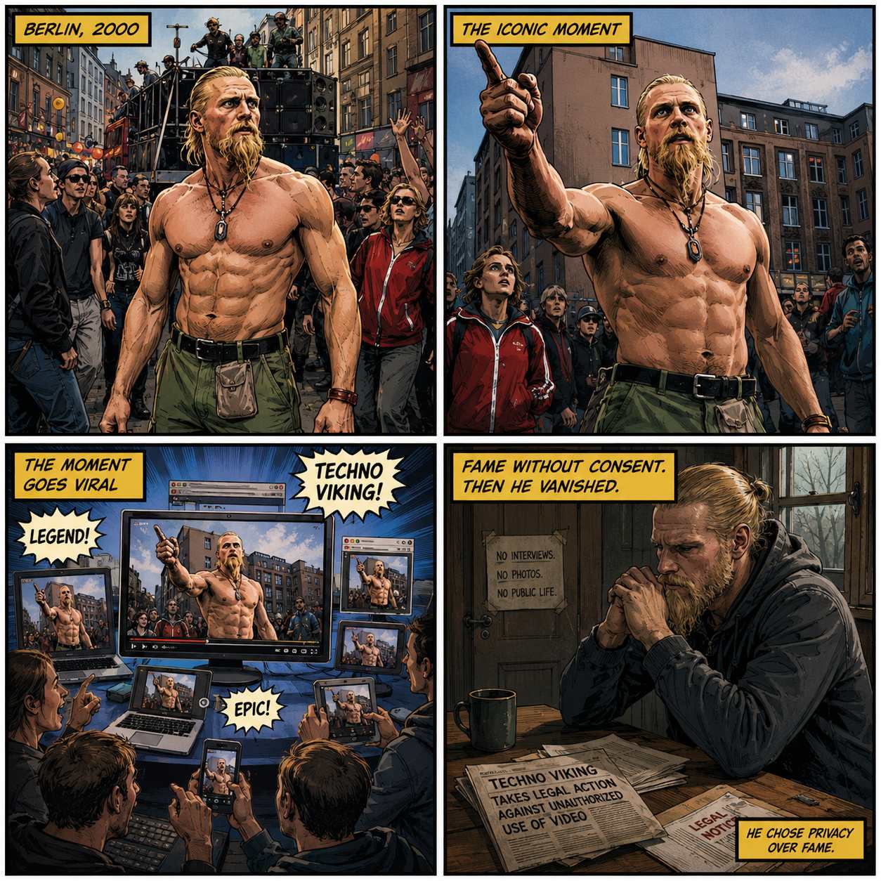 Four-panel comic illustration of the Techno Viking story: a shirtless braided man at a Berlin street parade in 2000, his famous pointing moment, the clip going viral on screens, and later sitting alone with a newspaper about his legal action