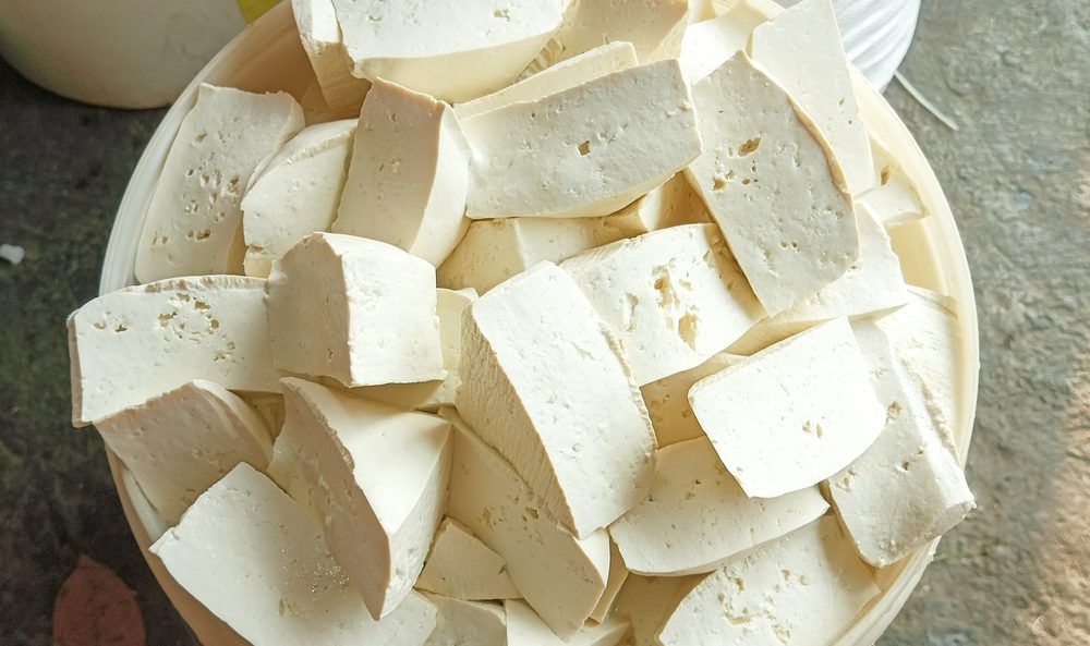 Cubed marinated tofu, a high-protein snack