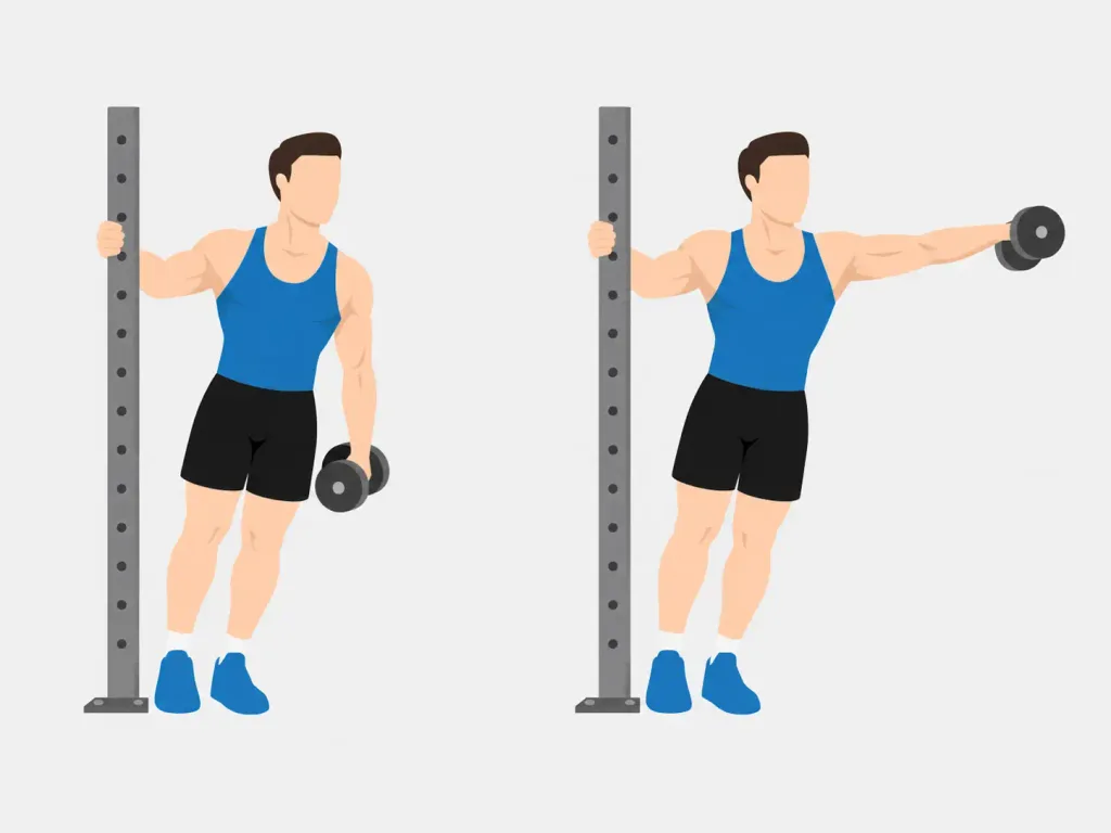 Illustration of a leaning one-arm lateral raise, one hand holding an upright and the other raising a dumbbell