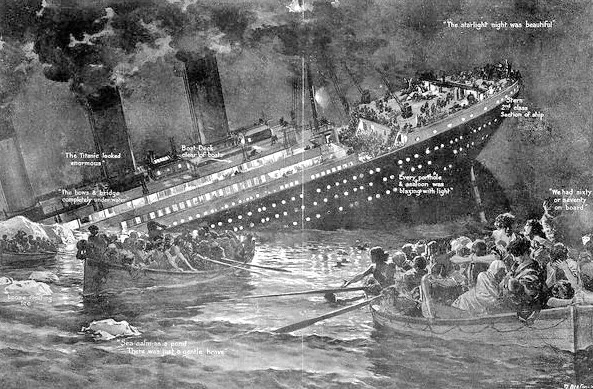 1912 illustration of the Titanic sinking bow first as lifeboats pull away