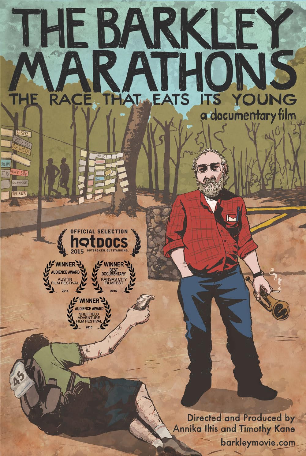 Illustrated film poster for The Barkley Marathons: The Race That Eats Its Young, showing Lazarus Lake holding a bugle and a cigarette beside an exhausted runner on the ground