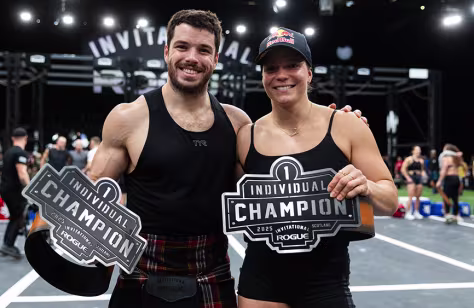 2025 Rogue Invitational champions Jeffrey Adler and Laura Horvath holding their individual champion plaques