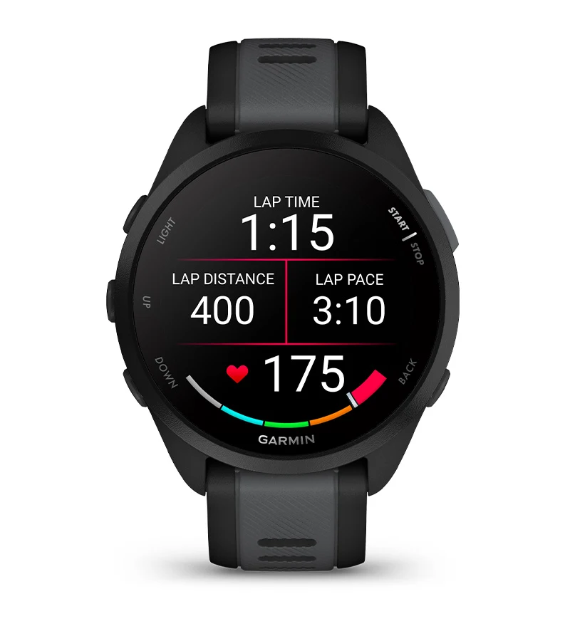Garmin Forerunner 165 running watch showing lap time, pace and heart rate