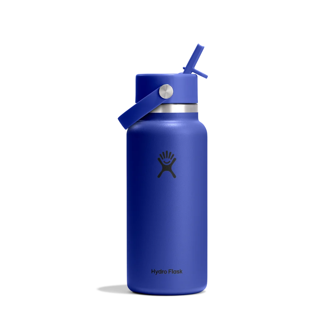 Blue Hydro Flask 32 oz Wide Mouth bottle with a straw lid