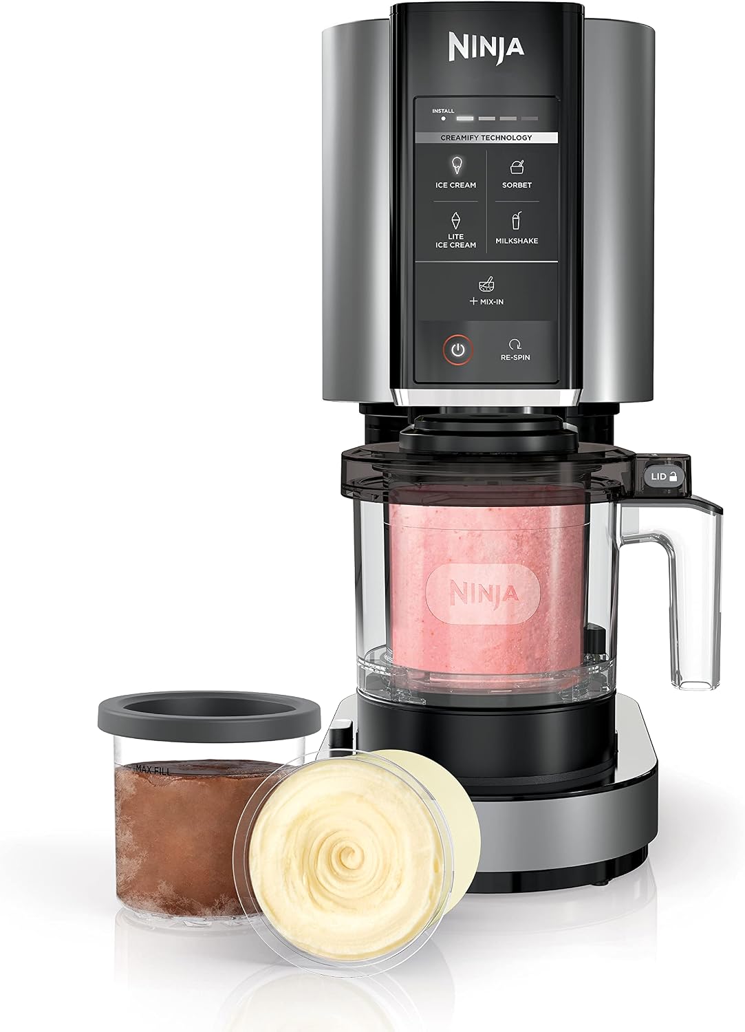 Ninja CREAMi ice cream maker with two tubs of ice cream
