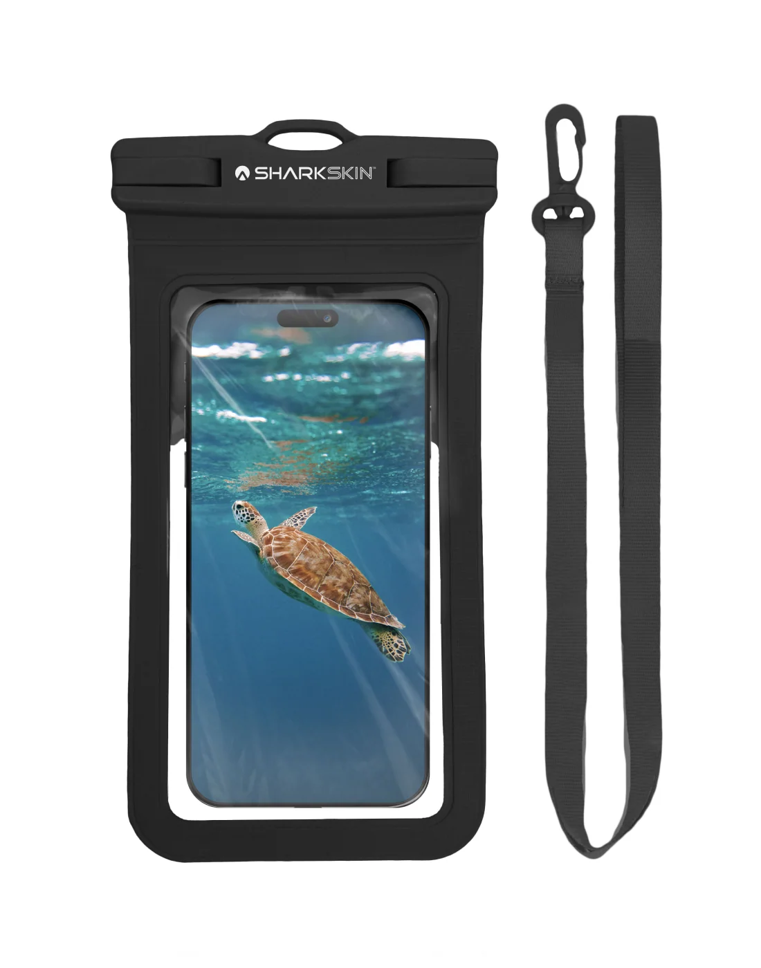 Black Sharkskin waterproof phone case with a clear window and a lanyard