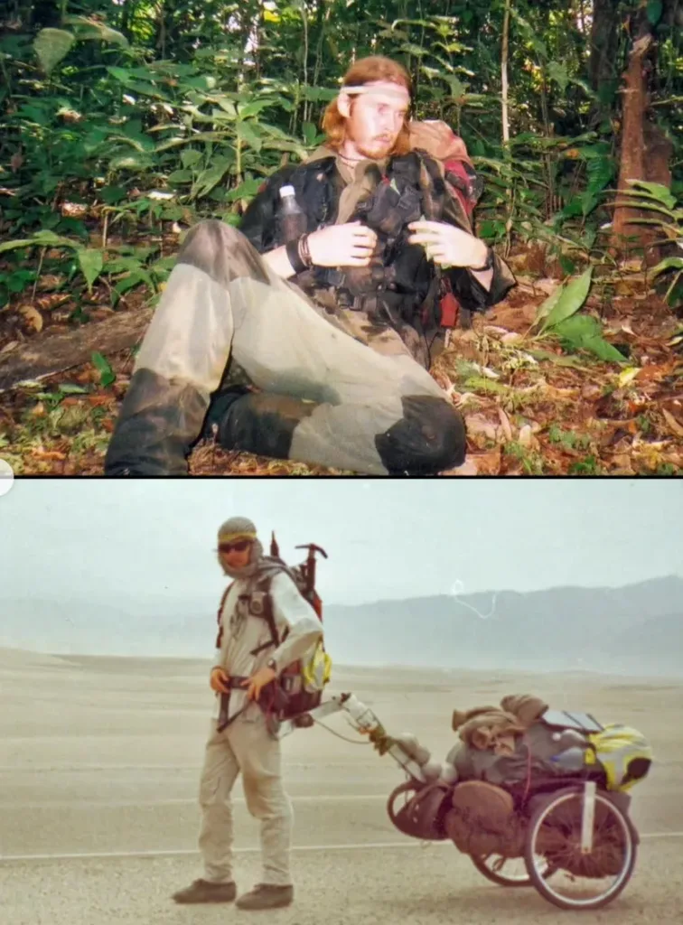 Karl Bushby resting with his pack in thick jungle (top) and pulling a loaded two-wheeled cart along a desert road (bottom)