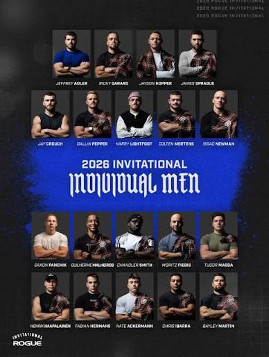 Rogue Fitness poster of the 2026 Rogue Invitational individual men's CrossFit field: 19 athletes, including Jeffrey Adler, James Sprague, Jay Crouch and Dallin Pepper