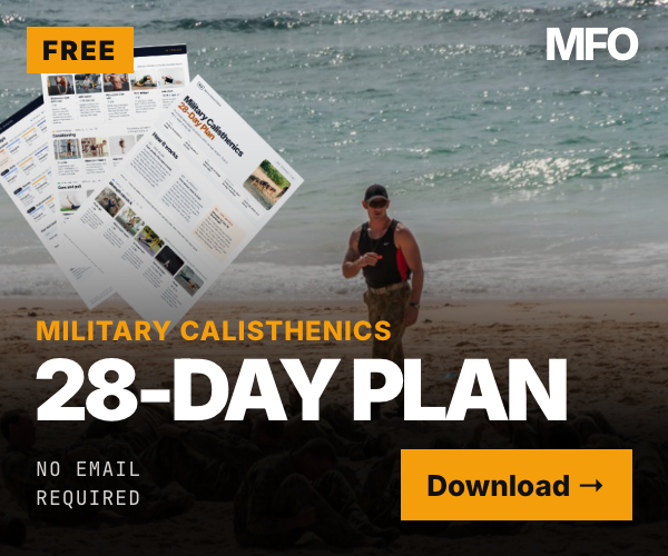 Free 28-day military calisthenics plan. Download the printable workout.