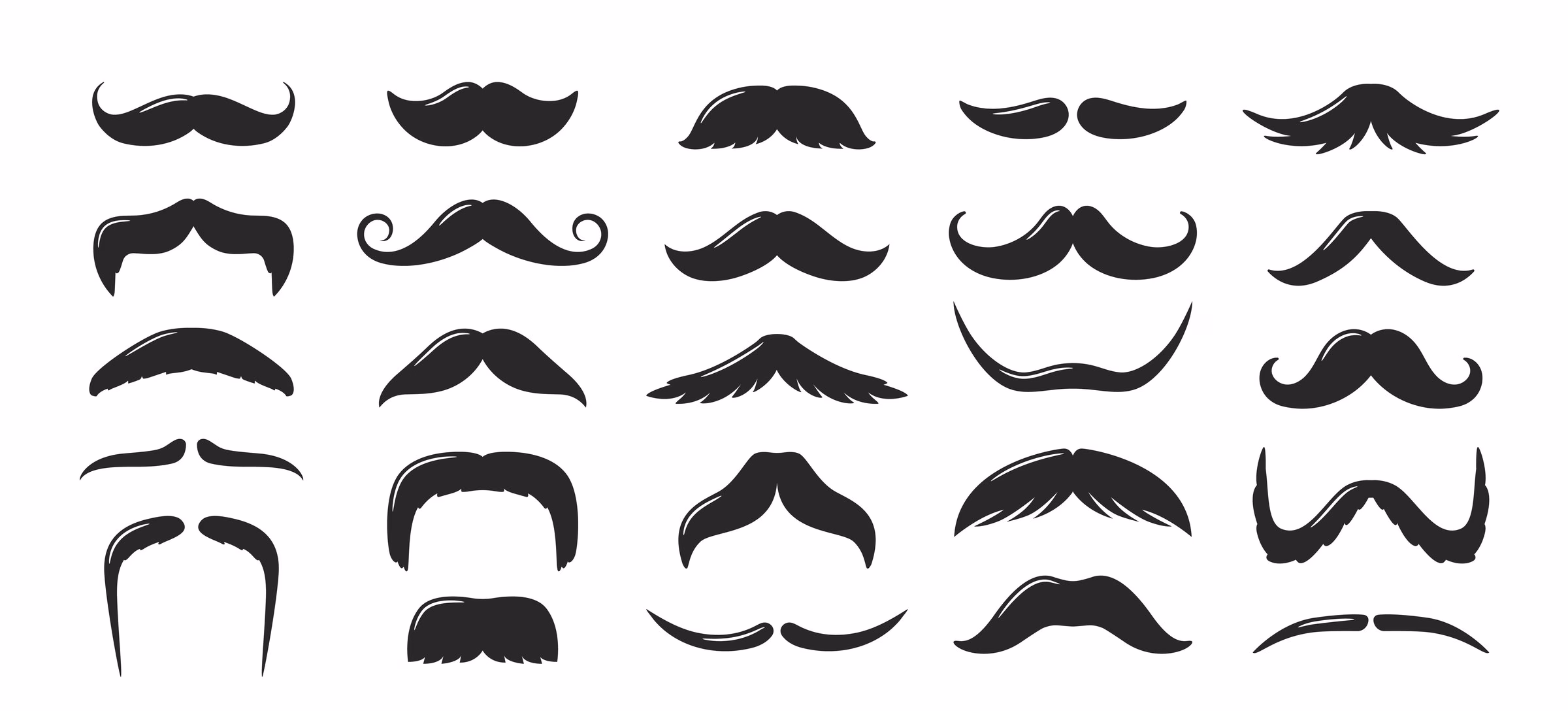 Illustrations of 25 different moustache styles in black on white