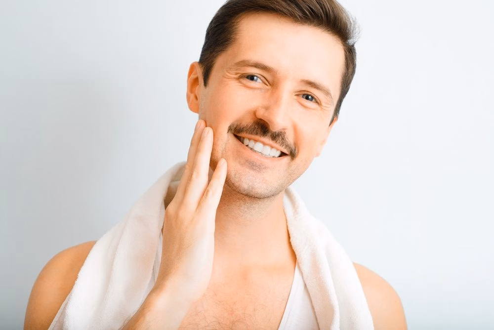 Smiling man with a towel round his neck and a neatly trimmed moustache