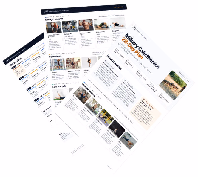 The three pages of the free printable 28-day military calisthenics plan: exercise cards, the 28-day calendar and the test log